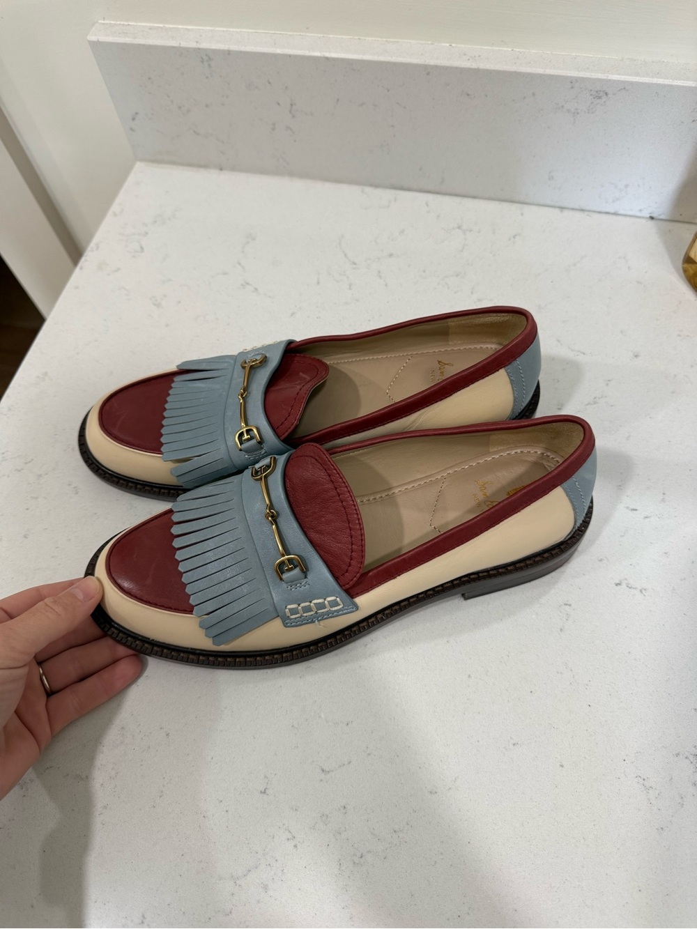 Sam Edelman Tri-Color Leather Fringe Loafers — Red, Blue & Cream